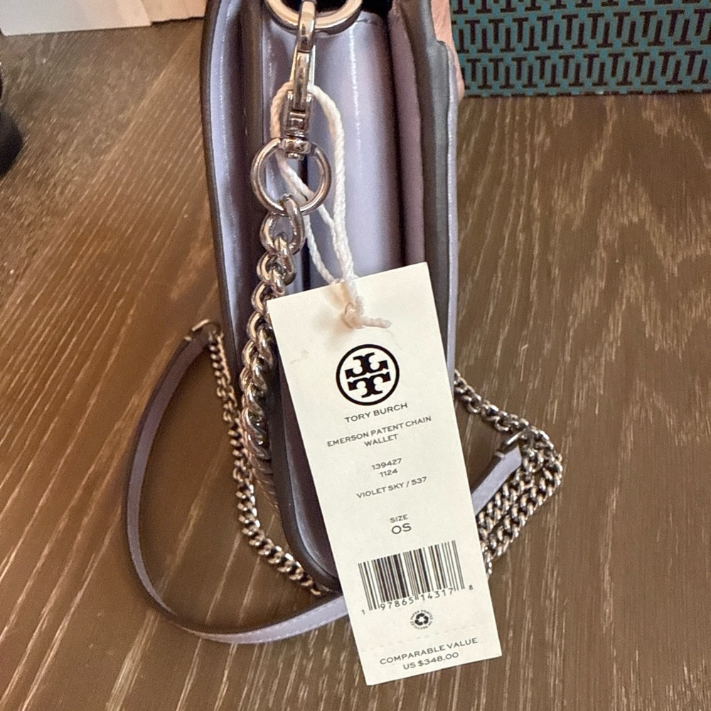 NWT Tory Burch Emerson Patent Chain Wallet violet sky NO LONGER AVAILABLE - Picture 4 of 13
